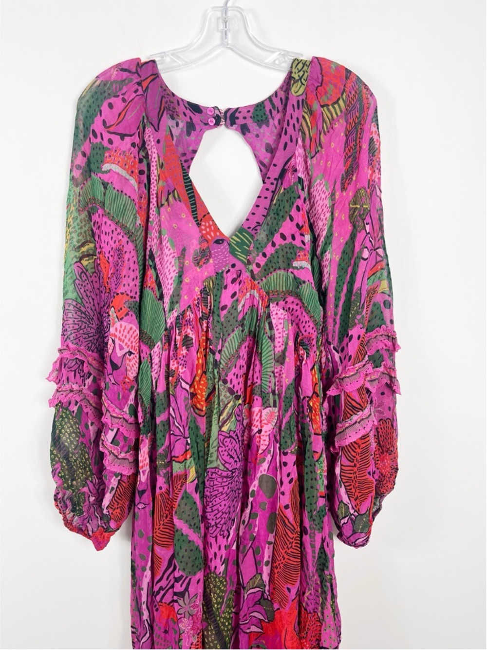 Farm Rio Cool Leopards Open Back Ruffled Georgette Maxi Dress Size Medium Pink - Picture 5 of 13